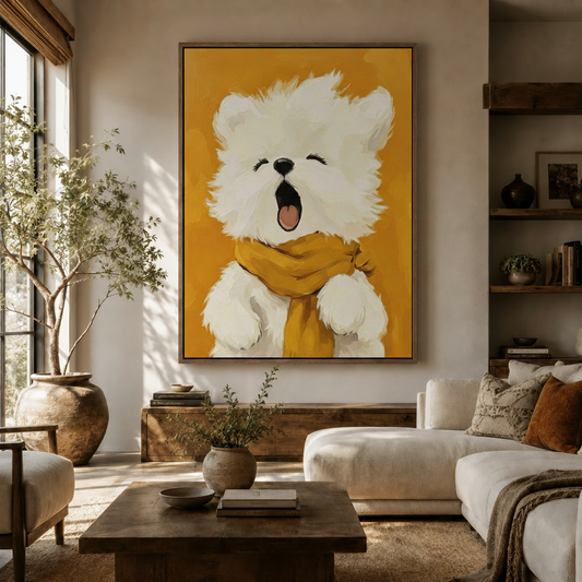 Yawning white dog impasto oil painting canvas displayed in warm neutral living room setting