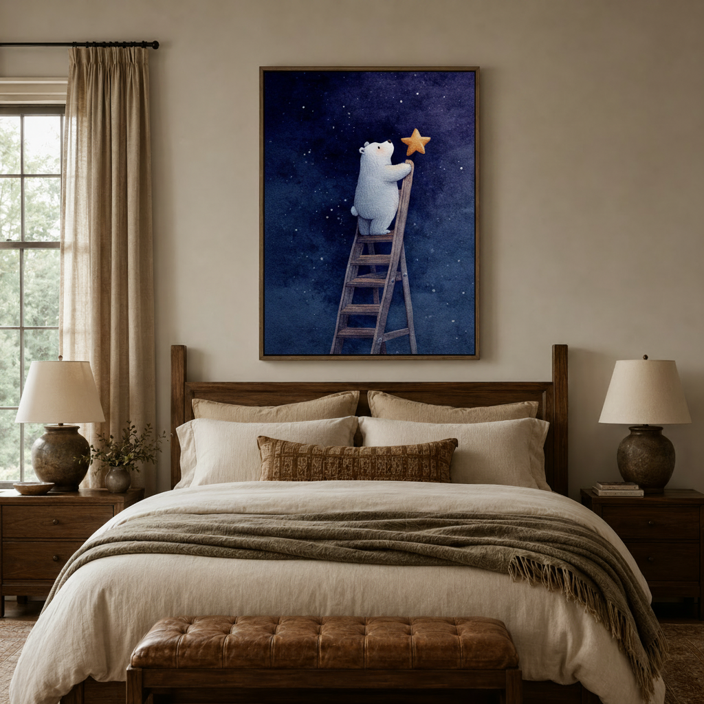 Whimsical polar bear star canvas print displayed above bed in cozy bedroom interior