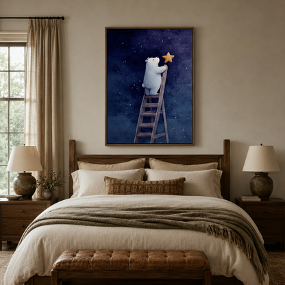 Whimsical polar bear star canvas print displayed above bed in cozy bedroom interior
