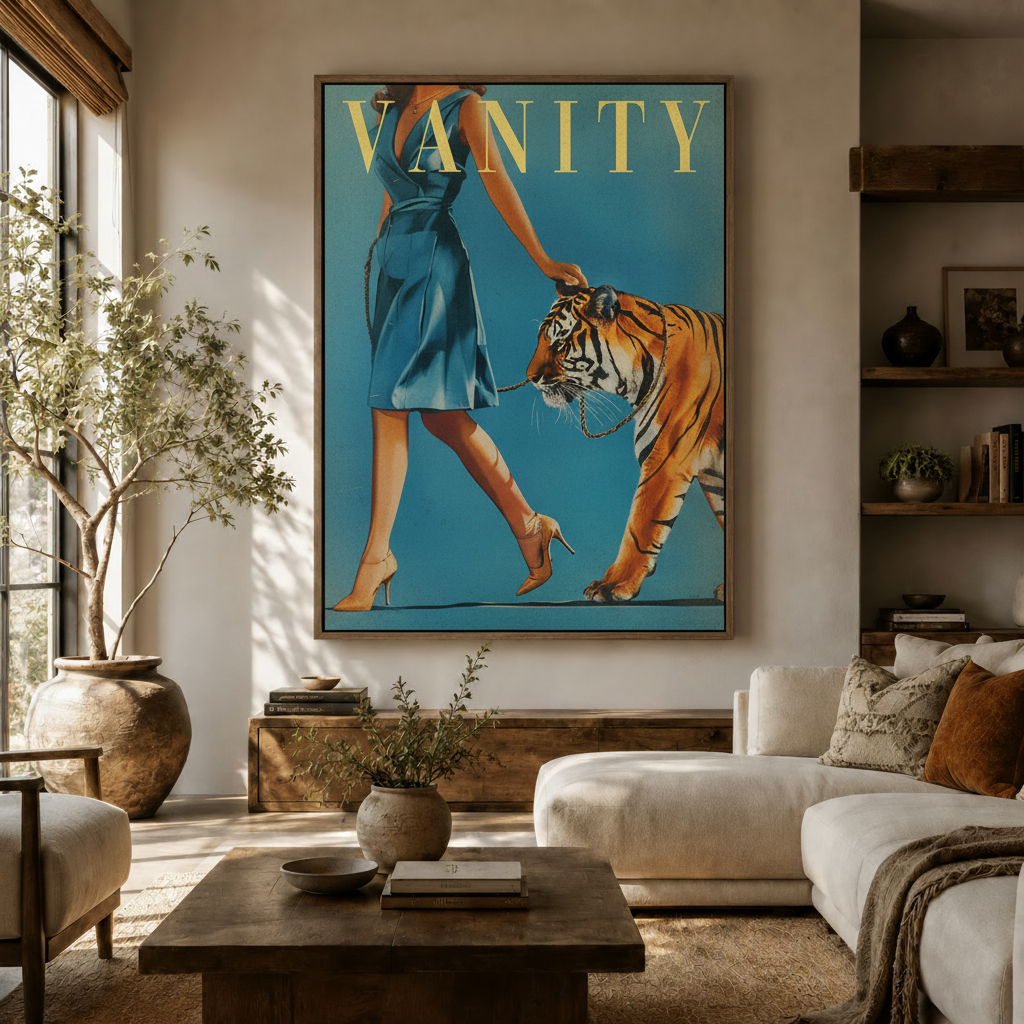 Vintage fashion tiger canvas print displayed in warm neutral living room above console table