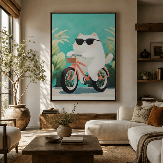 Funny cat bicycle canvas wall art displayed above sideboard in warm neutral living room