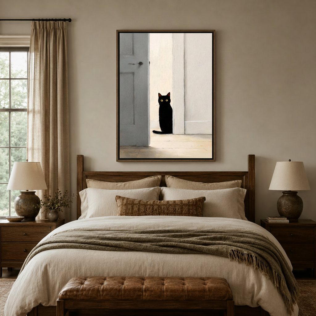 Black cat hallway minimalist canvas print displayed above wooden bed headboard in warm bedroom