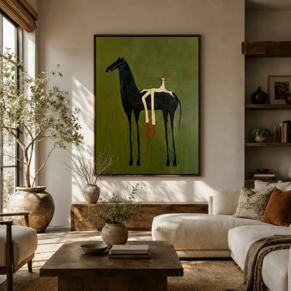  Folk art black horse rider canvas wall art displayed in a warm neutral living room above a wooden sideboard