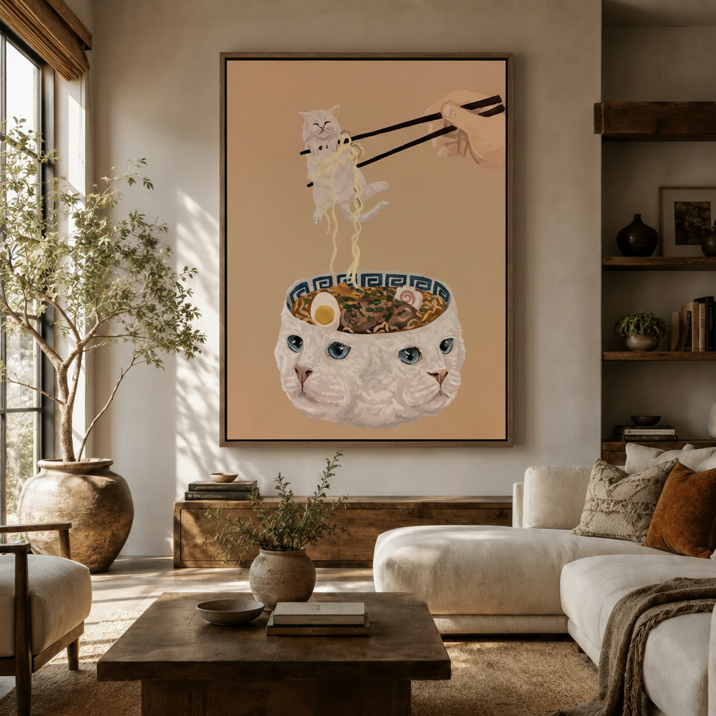 Whimsical cat ramen canvas wall art displayed in a warm living room above a wooden sideboard