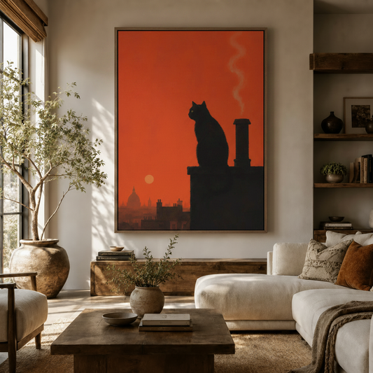 Vintage black cat rooftop sunset canvas wall art displayed above sideboard in warm neutral living room