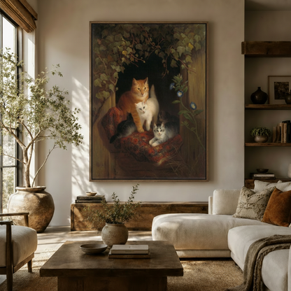 Victorian cat family canvas wall art above sofa in a warm sunlit living room – vintage oil painting by Aurewall