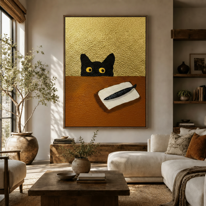 Funny peeking black cat canvas wall art displayed above sideboard in warm neutral living room