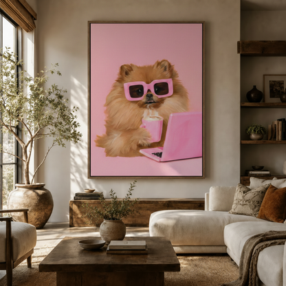 Pomeranian dog wall art in pink framed canvas displayed in a warm neutral living room