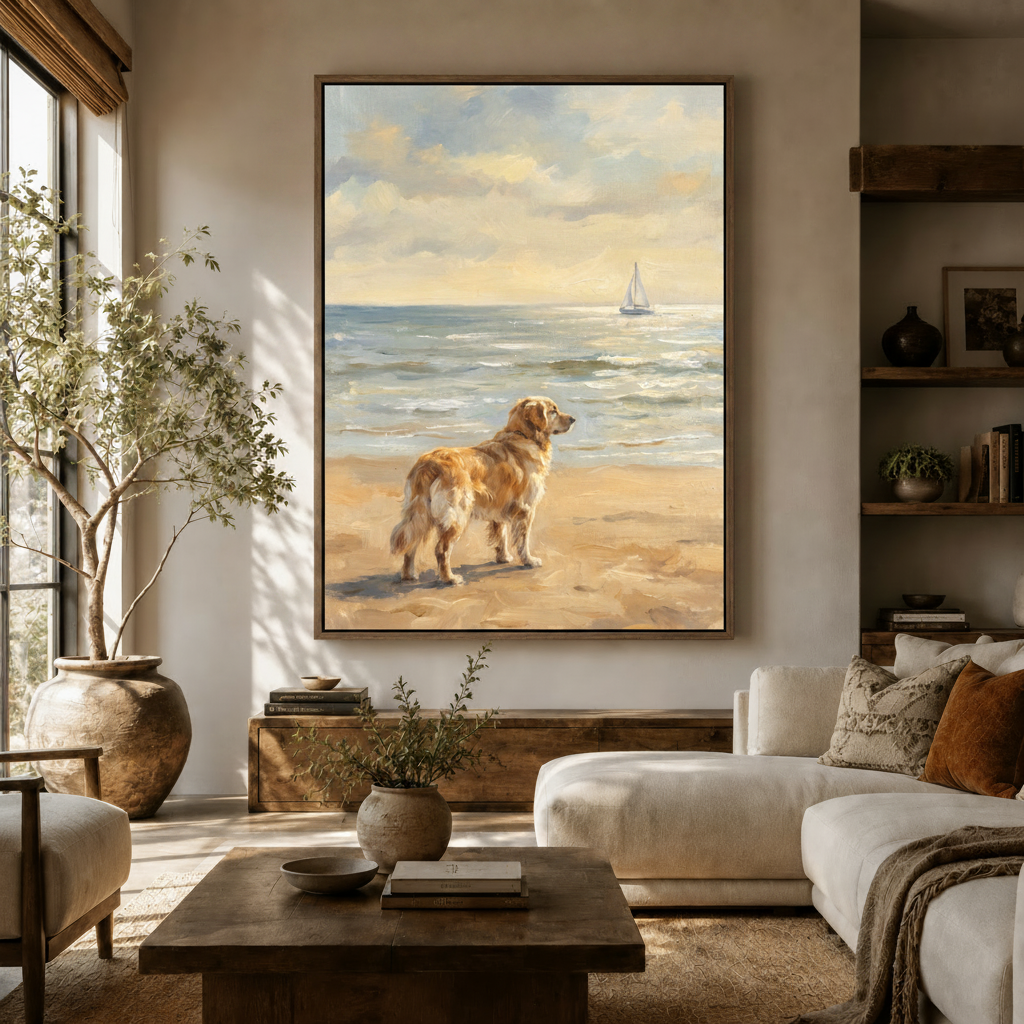 Golden retriever beach canvas wall art displayed in a warm neutral living room above a wooden console