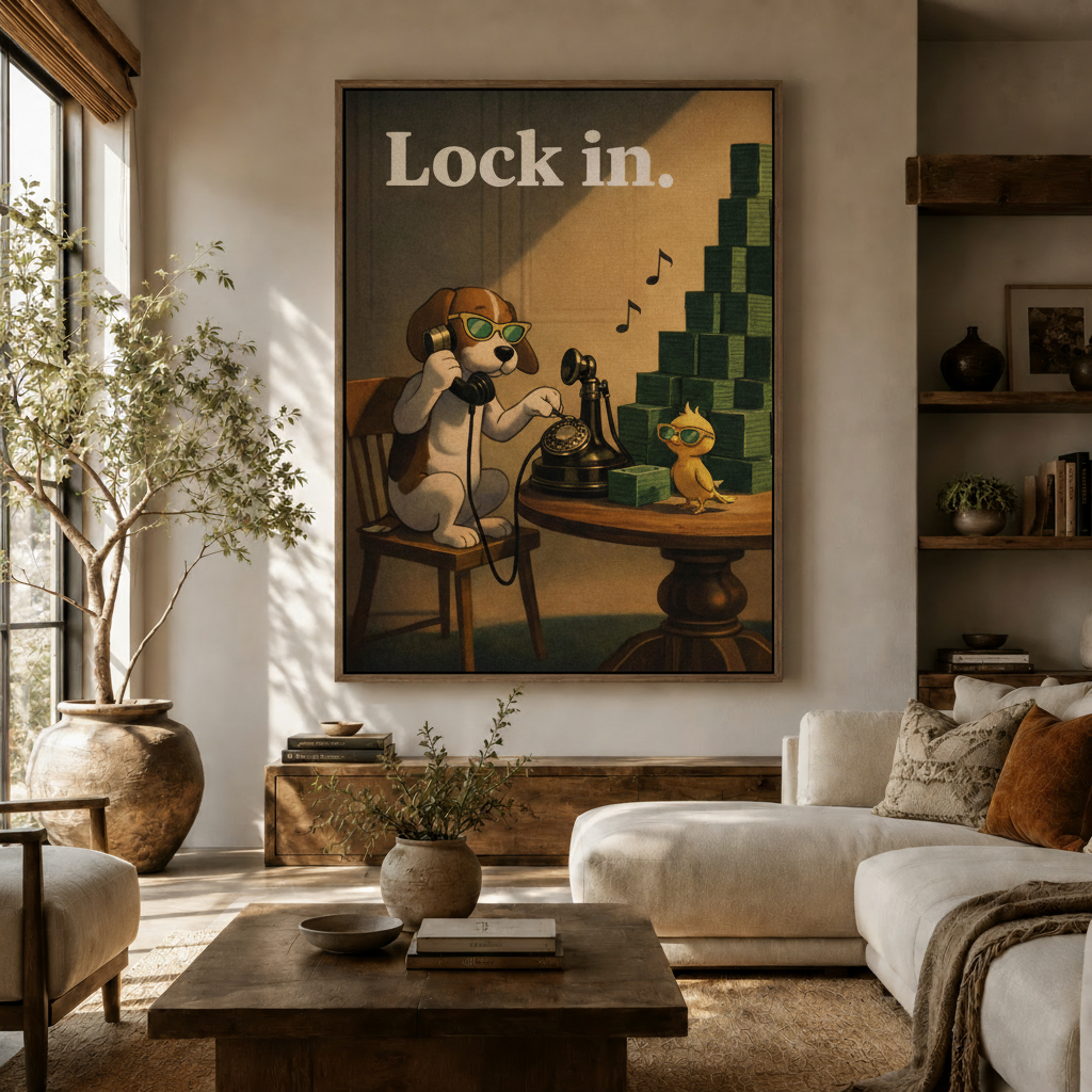 Lock in funny dog canvas wall art displayed in a warm neutral living room above a wood console
