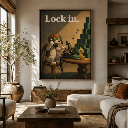 Lock in funny dog canvas wall art displayed in a warm neutral living room above a wood console