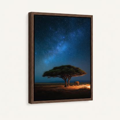 African savanna starry sky framed canvas wall art – night landscape with lone acacia tree under Milky Way and distant campfire by Aurewall