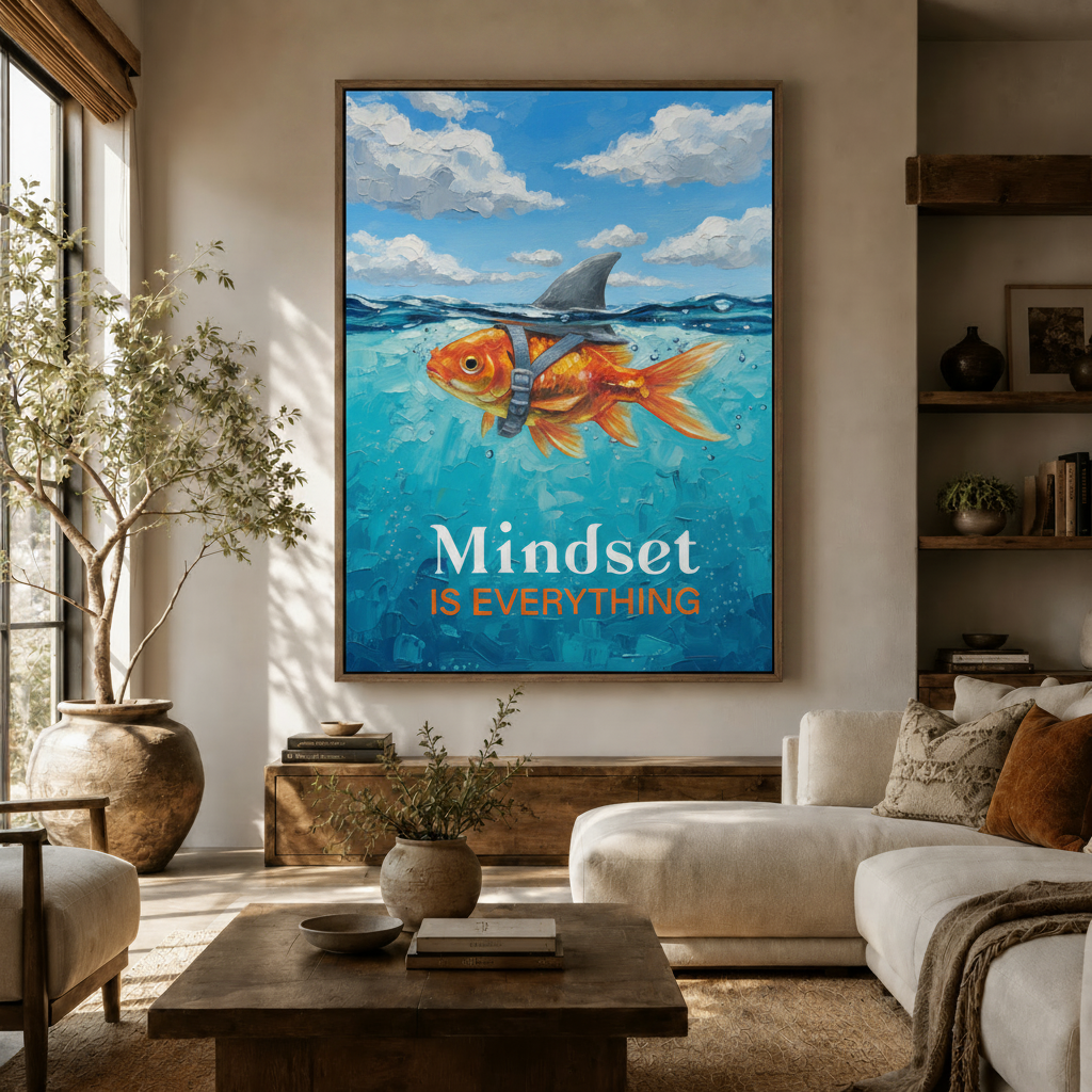  Motivational goldfish shark fin canvas art hanging in a warm neutral living room above sideboard