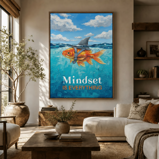  Motivational goldfish shark fin canvas art hanging in a warm neutral living room above sideboard