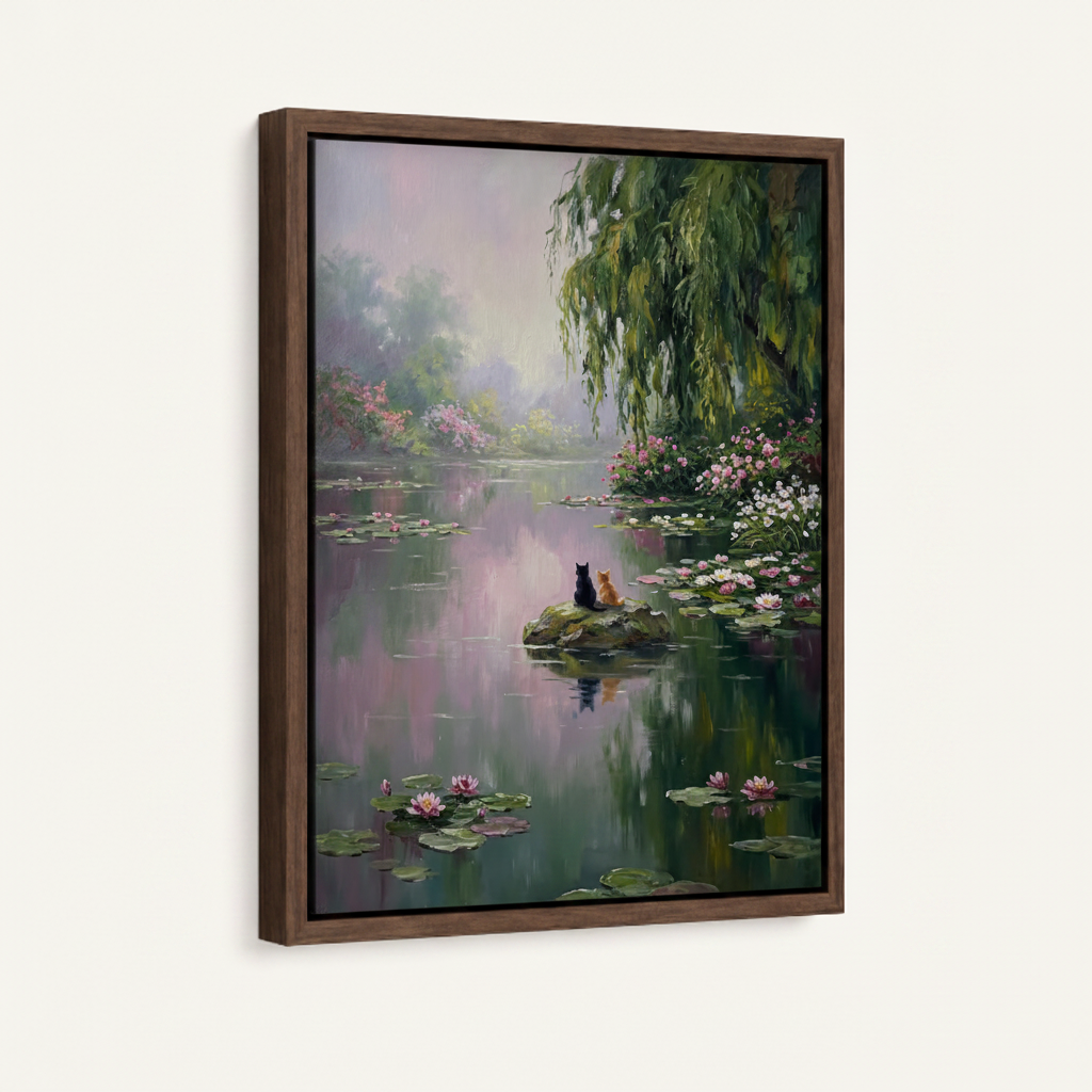 Lotus lake boat framed canvas wall art – impressionist oil painting with misty lake lotus blossoms willow and small boat by Aurewall