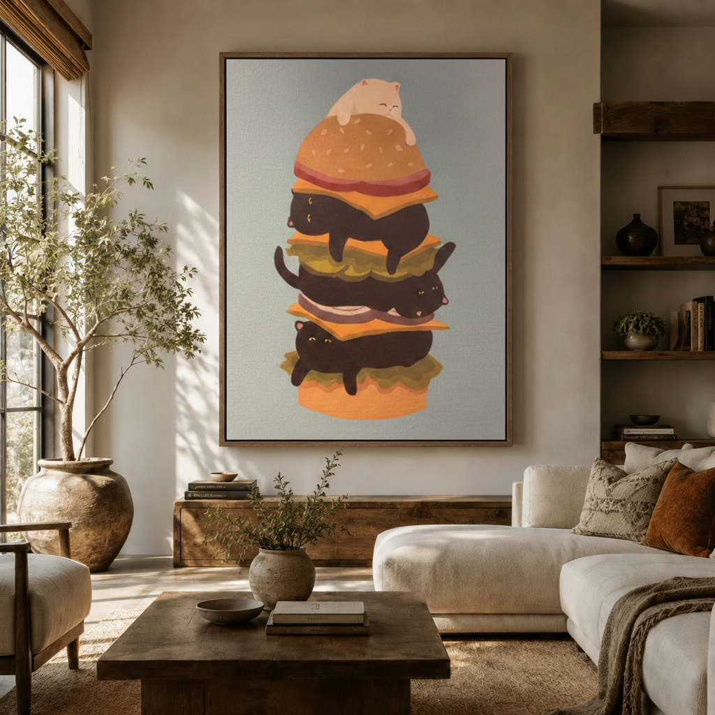Whimsical cat burger stack canvas wall art displayed above a wooden sideboard in a warm living room