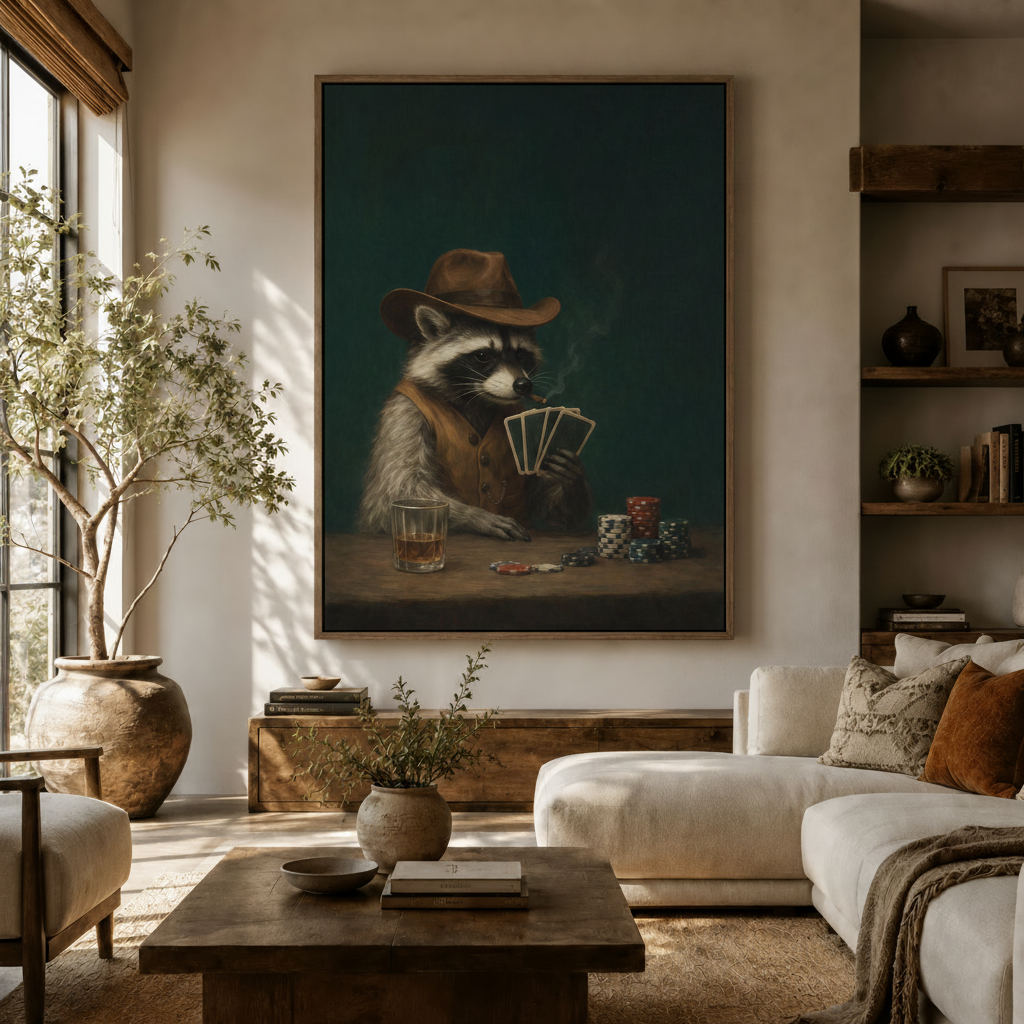 Raccoon poker player oil painting canvas art displayed in a warm neutral living room with white sofa