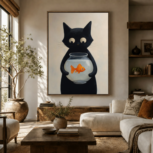 Black cat holding goldfish bowl canvas wall art in dark walnut float frame in modern living room