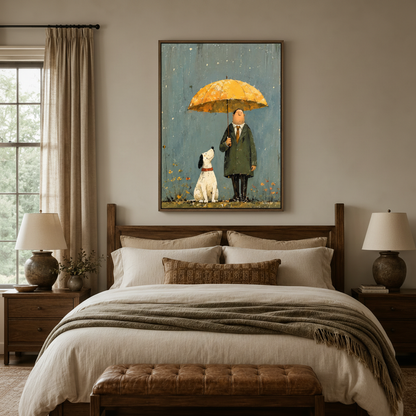 Whimsical man and dog rainy day canvas print displayed above wooden bed headboard in cozy bedroom