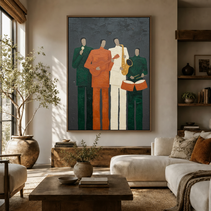 Abstract jazz band impasto canvas wall art displayed above sofa in warm neutral living room