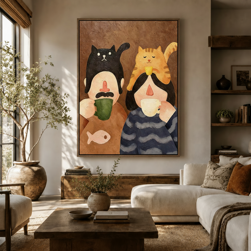 Naive oil painting canvas of couple with cats holding coffee mugs displayed above console in warm living room
