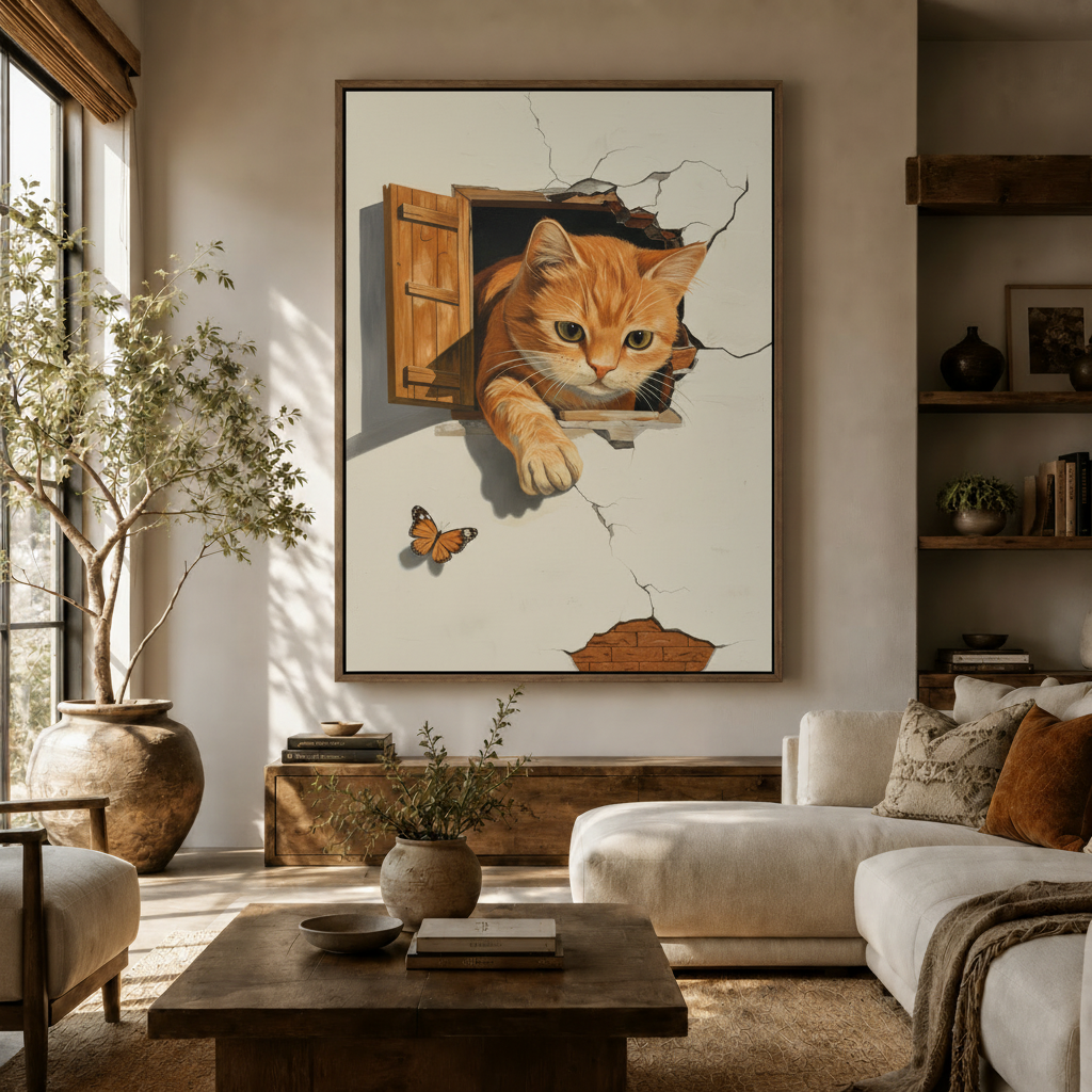 Trompe-l'oeil cat breaking through wall canvas print in warm living room with float frame