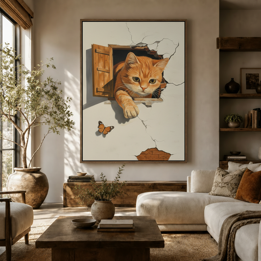 Trompe-l'oeil cat breaking through wall canvas print in warm living room with float frame