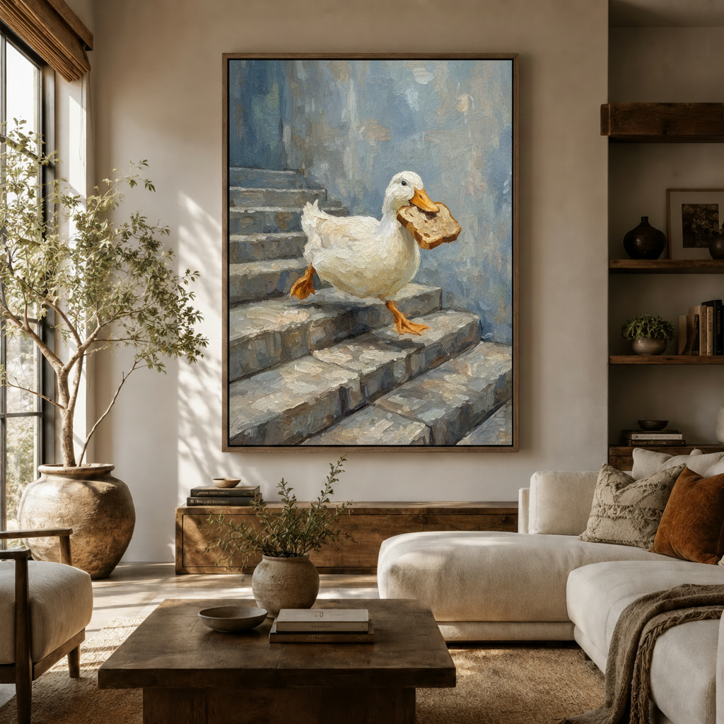 Funny duck with bread canvas wall art displayed above dark wood console in warm neutral living room