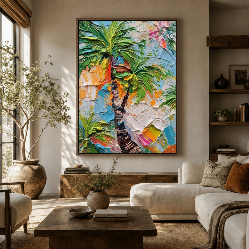 Vibrant tropical palm tree wall art in living room with white sofa and olive tree