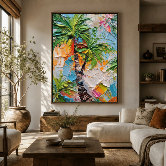 Vibrant tropical palm tree wall art in living room with white sofa and olive tree