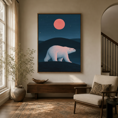 Polar bear red moon minimalist canvas in dark float frame above entryway console table