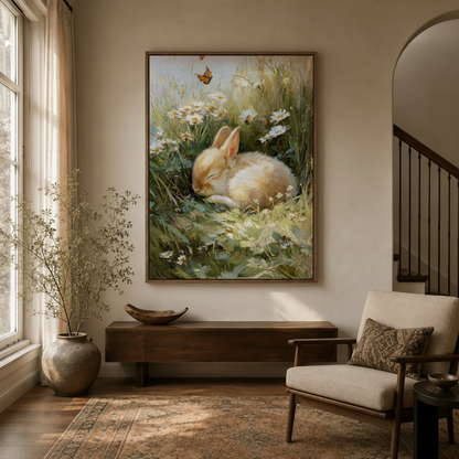 Sleeping bunny meadow oil painting canvas in wood float frame above entryway console table
