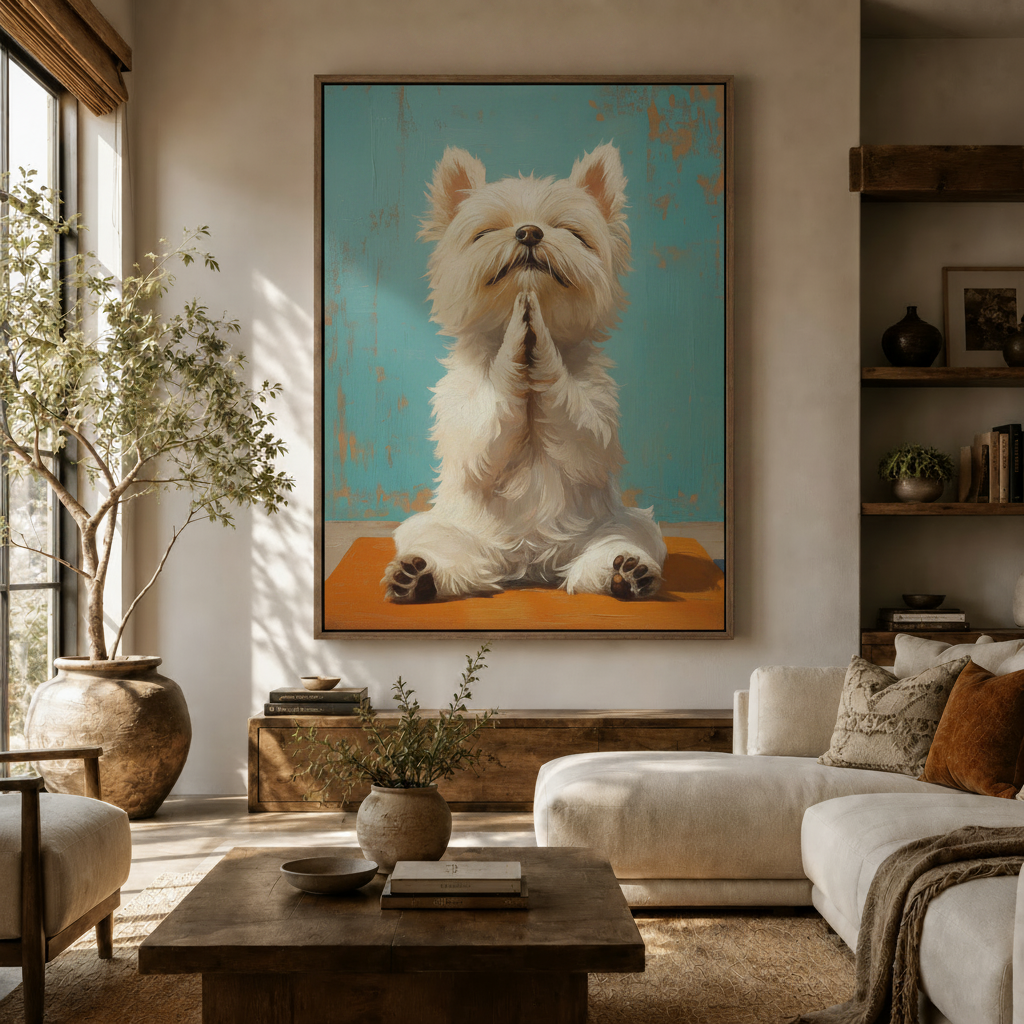 Funny white Westie dog yoga canvas wall art displayed above console in warm neutral living room