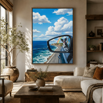 Happy Border Collie road trip oil painting canvas wall art displayed above sofa in warm neutral living room