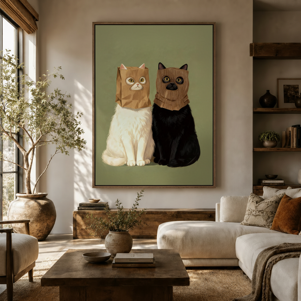 Paper bag cats flat illustration canvas art displayed in a warm neutral living room with olive tree