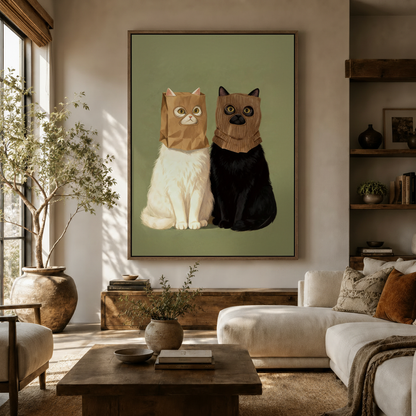Paper bag cats flat illustration canvas art displayed in a warm neutral living room with olive tree
