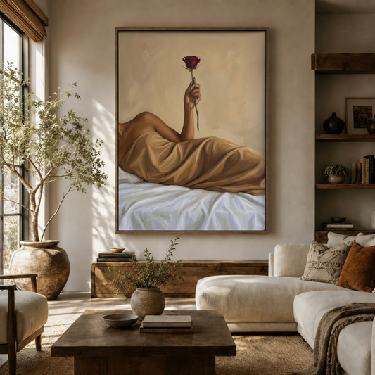 Woman with red rose figurative oil painting canvas displayed above a wooden sideboard in a warm neutral living room