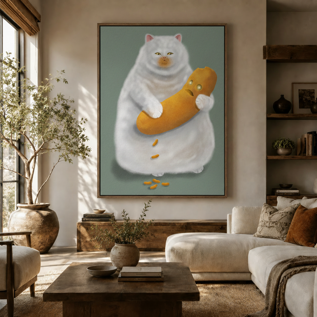Funny fat cat canvas wall art displayed in a warm living room above a wooden sideboard