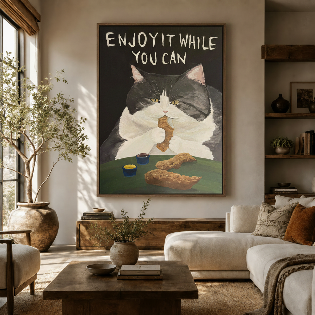 Funny cat fried chicken canvas in walnut frame, displayed in a warm neutral living room with white sofa