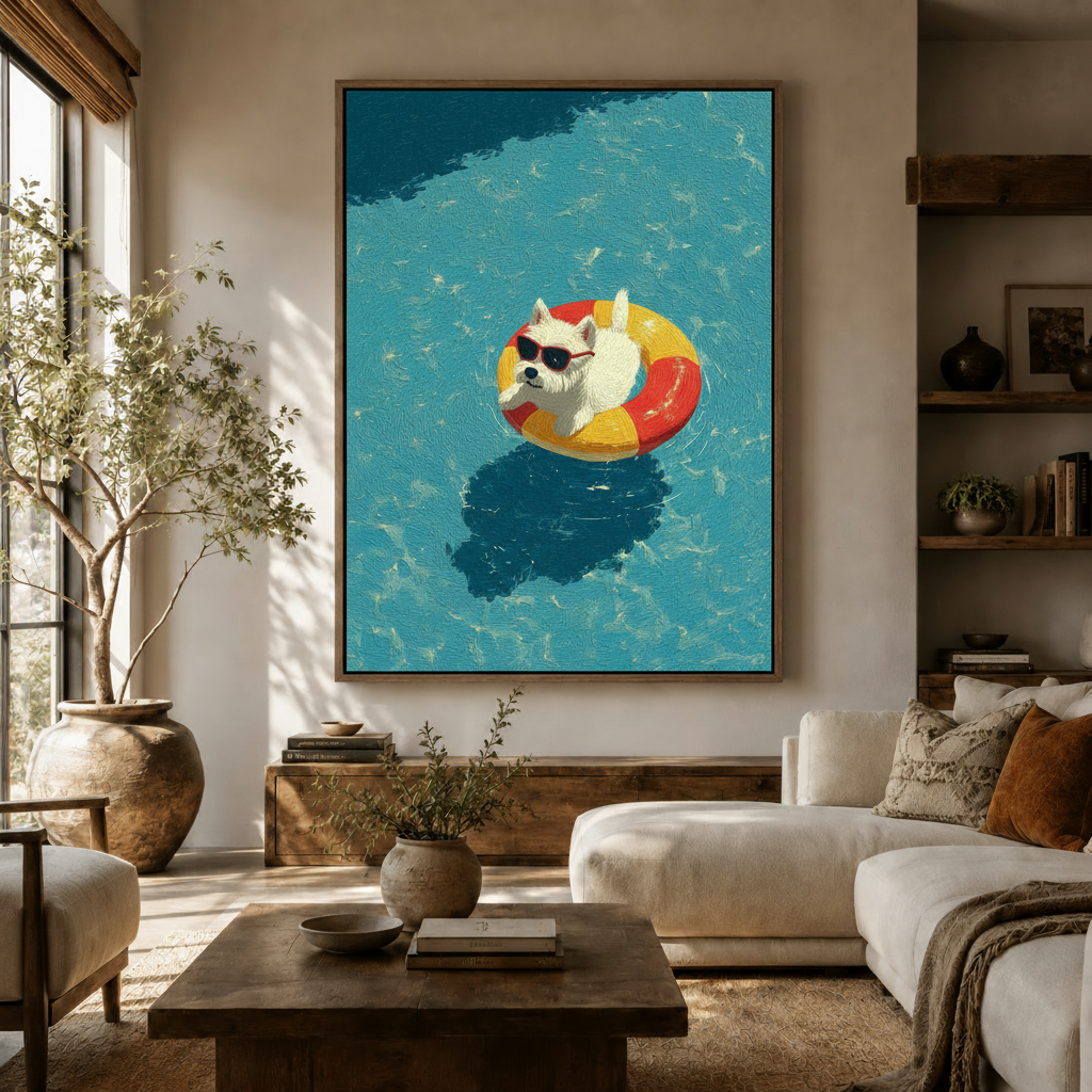 Pool dog impasto oil painting canvas displayed in warm neutral living room above console table