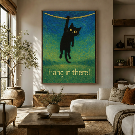 Whimsical black cat canvas wall art hanging in a cozy living room – "Hang in There" painting by Aurewall
