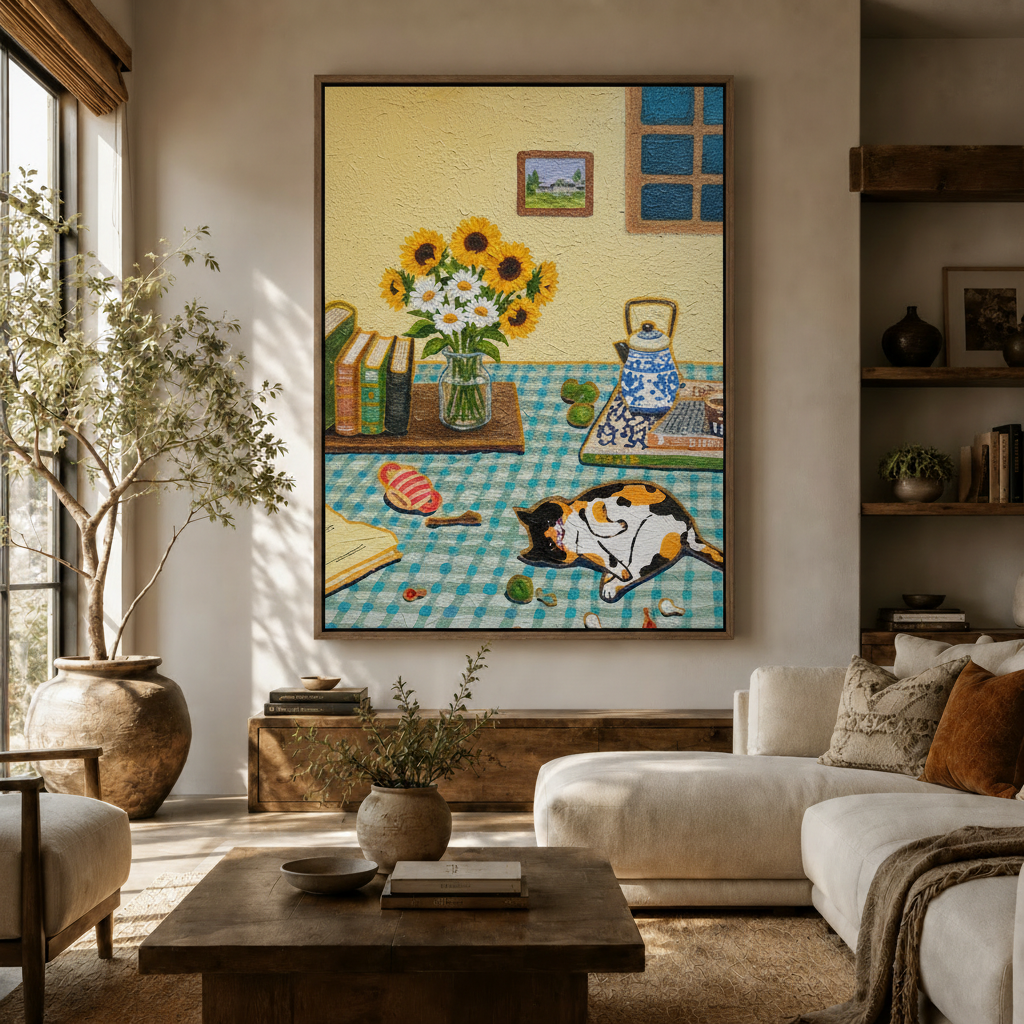 olk art oil painting canvas of calico cat and sunflowers displayed in warm neutral living room