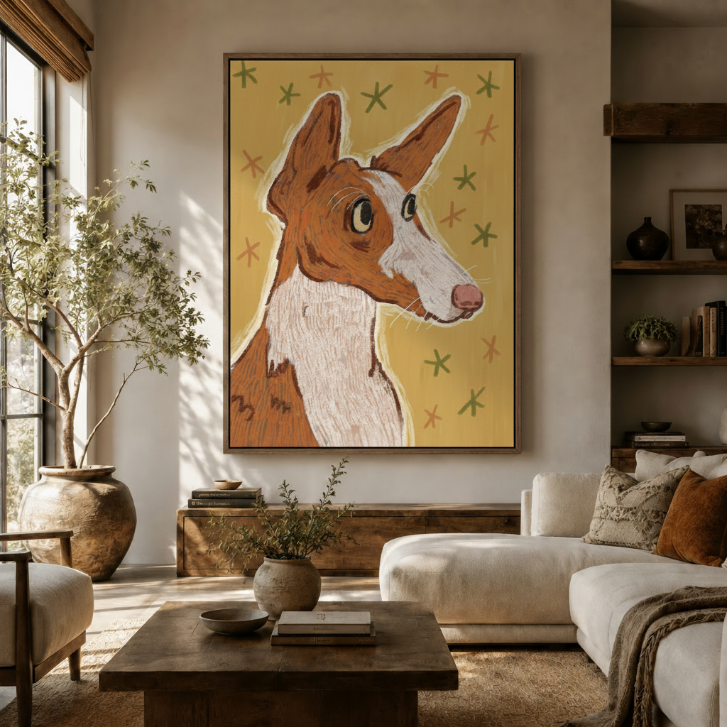 Whimsical Ibizan Hound crayon portrait canvas displayed above a wooden sideboard in a warm neutral living room