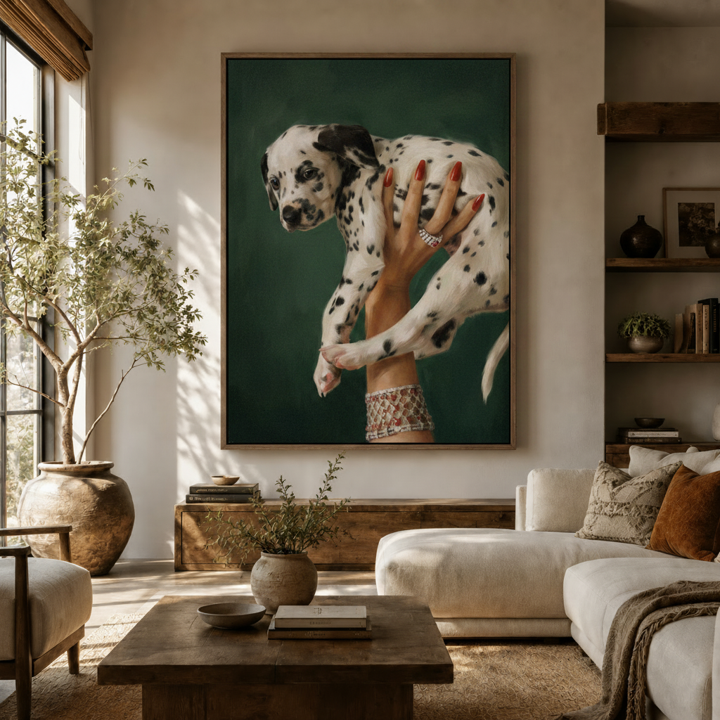 Dalmatian puppy glamour canvas art displayed in a cozy living room above a cream sofa