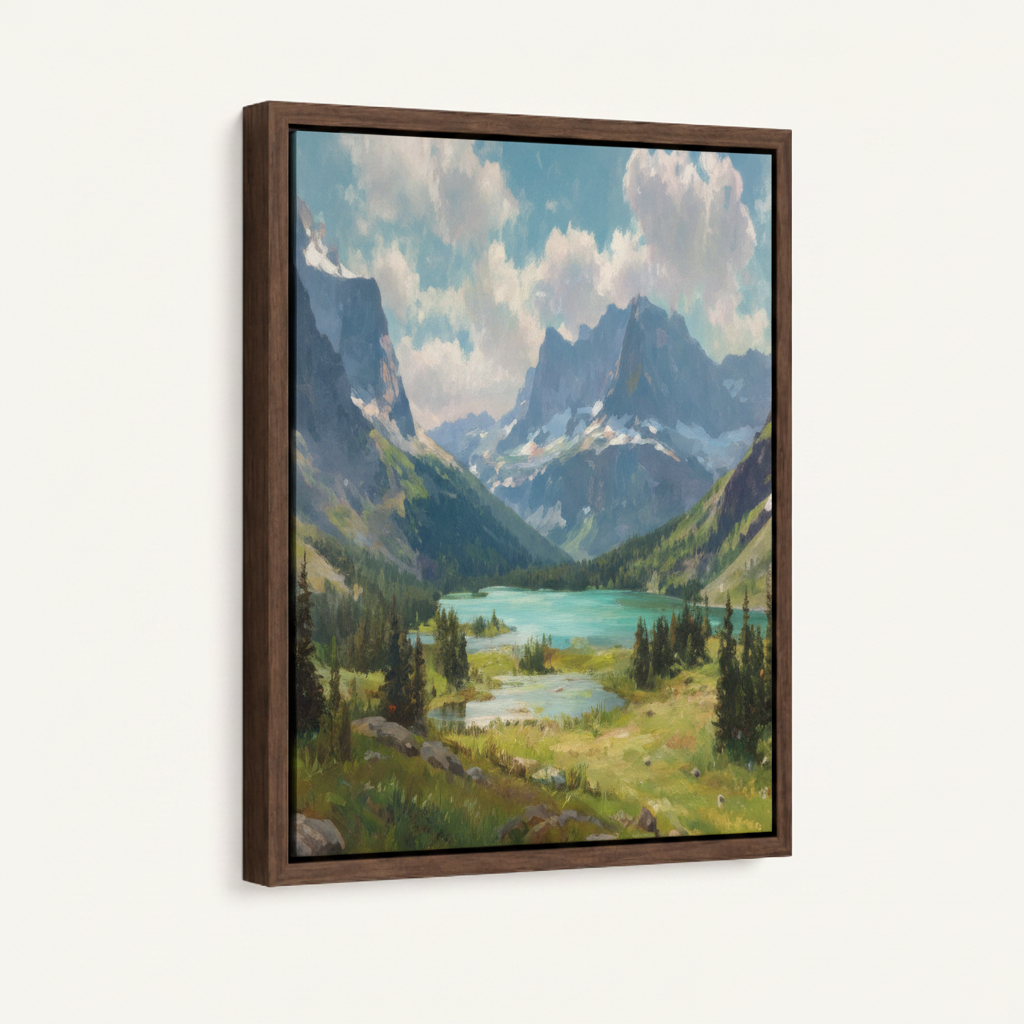 Mountain lake framed canvas wall art – scenic nature oil painting with turquoise alpine water and snow-capped peaks by Aurewall