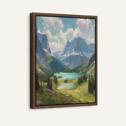 Mountain lake framed canvas wall art – scenic nature oil painting with turquoise alpine water and snow-capped peaks by Aurewall
