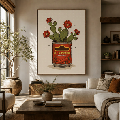 Retro cactus canvas wall art in dark walnut float frame displayed in a warm neutral living room