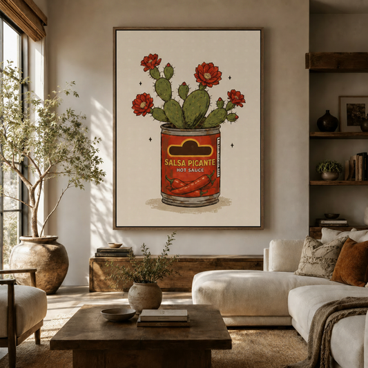 Retro cactus canvas wall art in dark walnut float frame displayed in a warm neutral living room