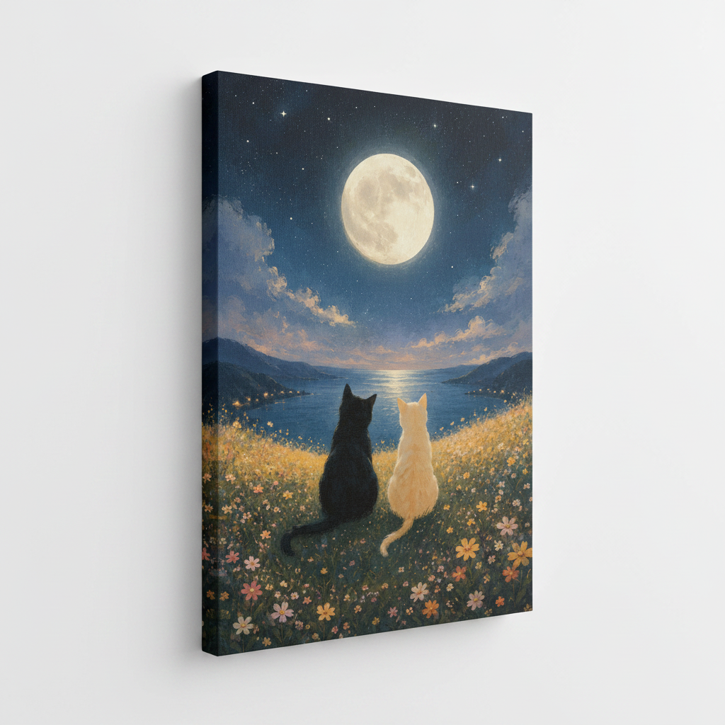 Night sky black cat stretched canvas print – unframed illustration with black cat in flower field under glowing full moon by Aurewall