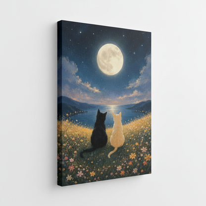 Night sky black cat stretched canvas print – unframed illustration with black cat in flower field under glowing full moon by Aurewall